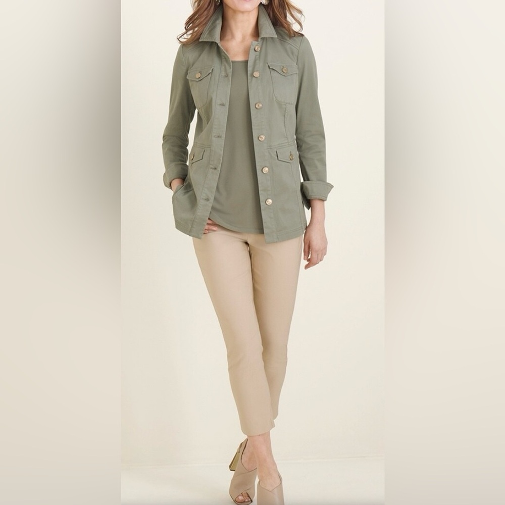 NWT Chico’s Elongated Sateen Utility Jacket Olive Green Military Safari Field - Picture 9 of 12